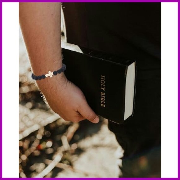 8mm Natural Stone Cross Bracelet Set, Stretch Fit, Christian Jewelry Gift - Picture 4 of 8